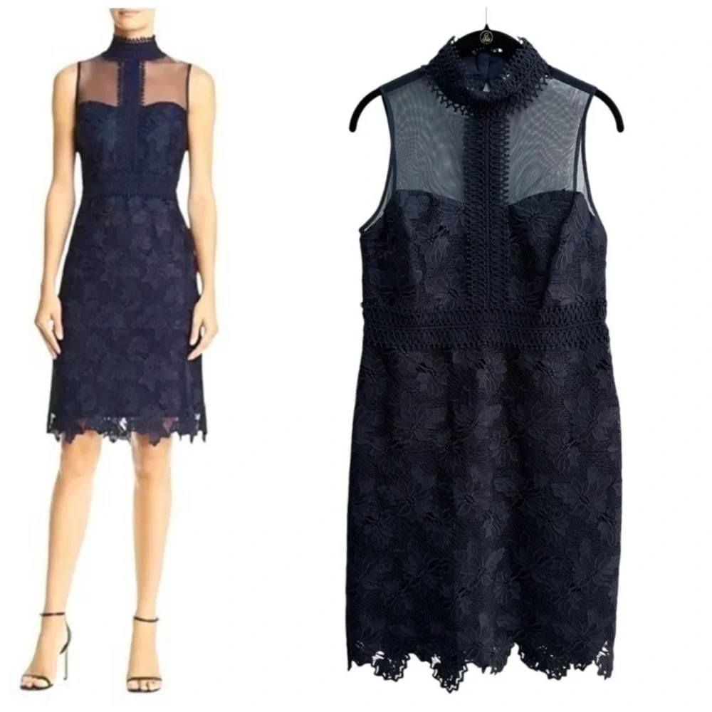 Nanette Lepore Navy Blue Lace Illusion Dress Sleeveless Cocktail Formal … - Picture 2 of 15